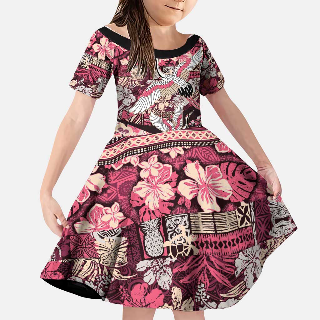 Japanese Hawaiian Crane Family Matching Summer Maxi Dress and Hawaiian Shirt Soft Pink Tapa Patchwork Pattern