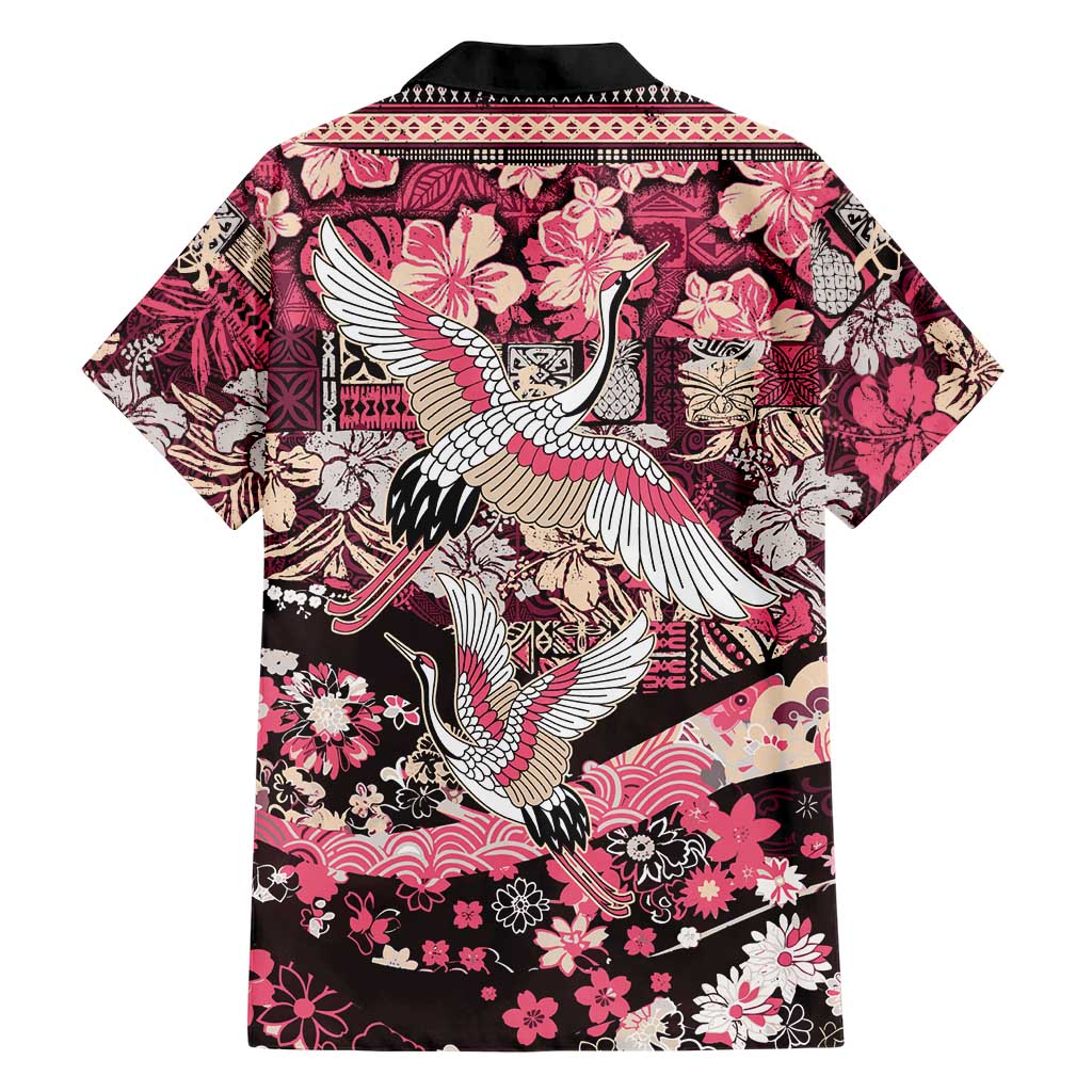 Japanese Hawaiian Crane Family Matching Summer Maxi Dress and Hawaiian Shirt Soft Pink Tapa Patchwork Pattern