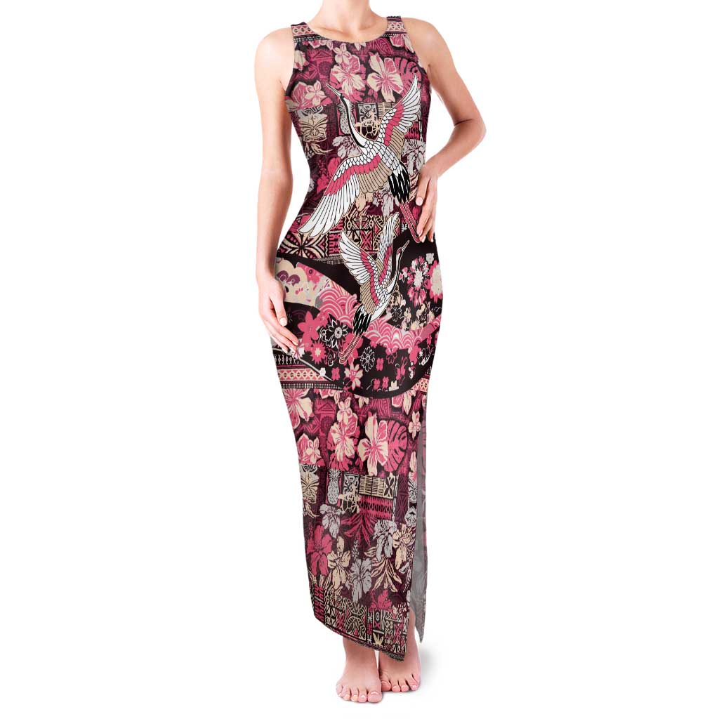 Japanese Hawaiian Crane Family Matching Tank Maxi Dress and Hawaiian Shirt Soft Pink Tapa Patchwork Pattern