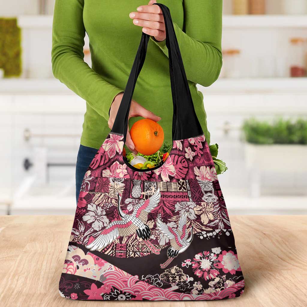 Japanese Hawaiian Crane Grocery Bag Soft Pink Tapa Patchwork Pattern
