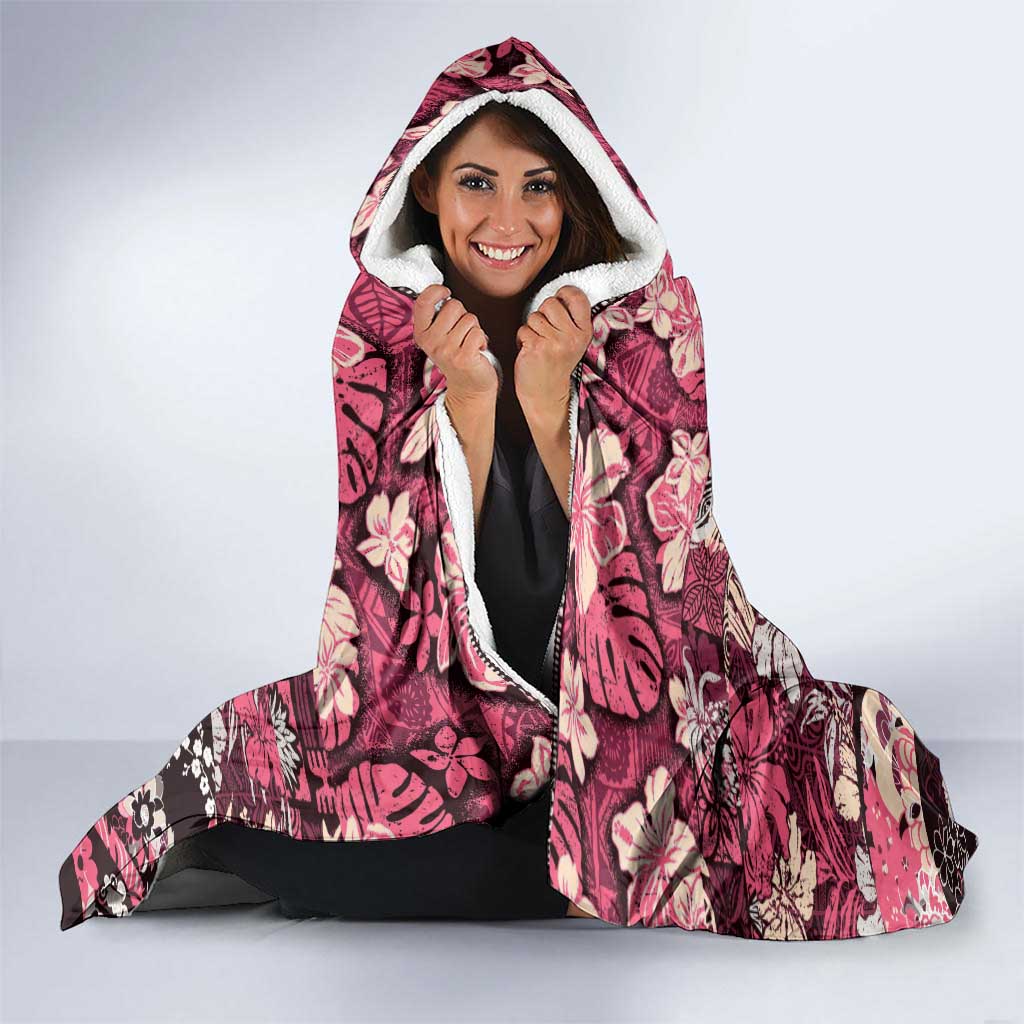 Japanese Hawaiian Crane Hooded Blanket Soft Pink Tapa Patchwork Pattern