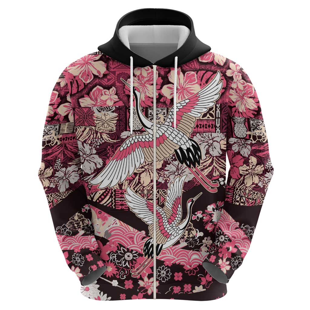 Japanese Hawaiian Crane Hoodie Soft Pink Tapa Patchwork Pattern
