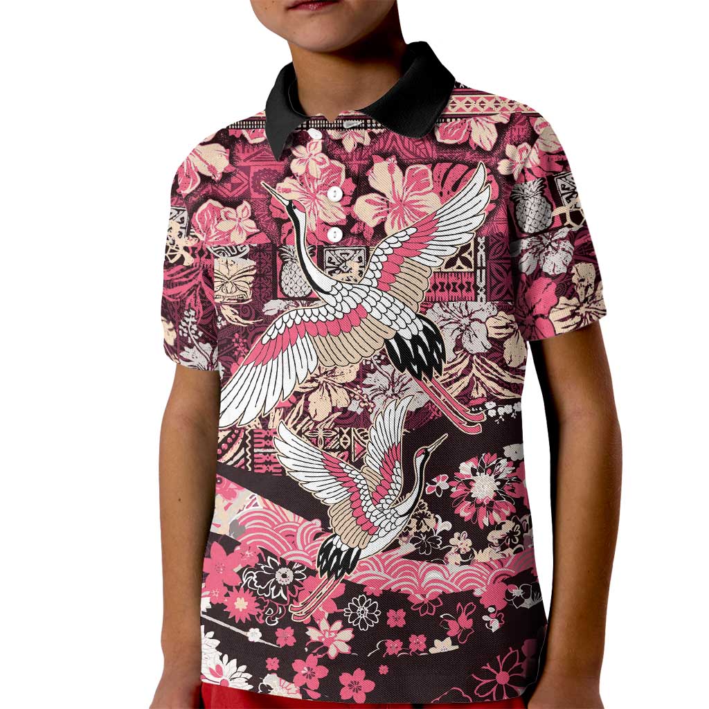 Japanese Hawaiian Crane Kid Polo Shirt Soft Pink Tapa Patchwork Pattern