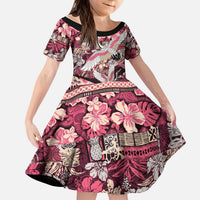 Japanese Hawaiian Crane Kid Short Sleeve Dress Soft Pink Tapa Patchwork Pattern