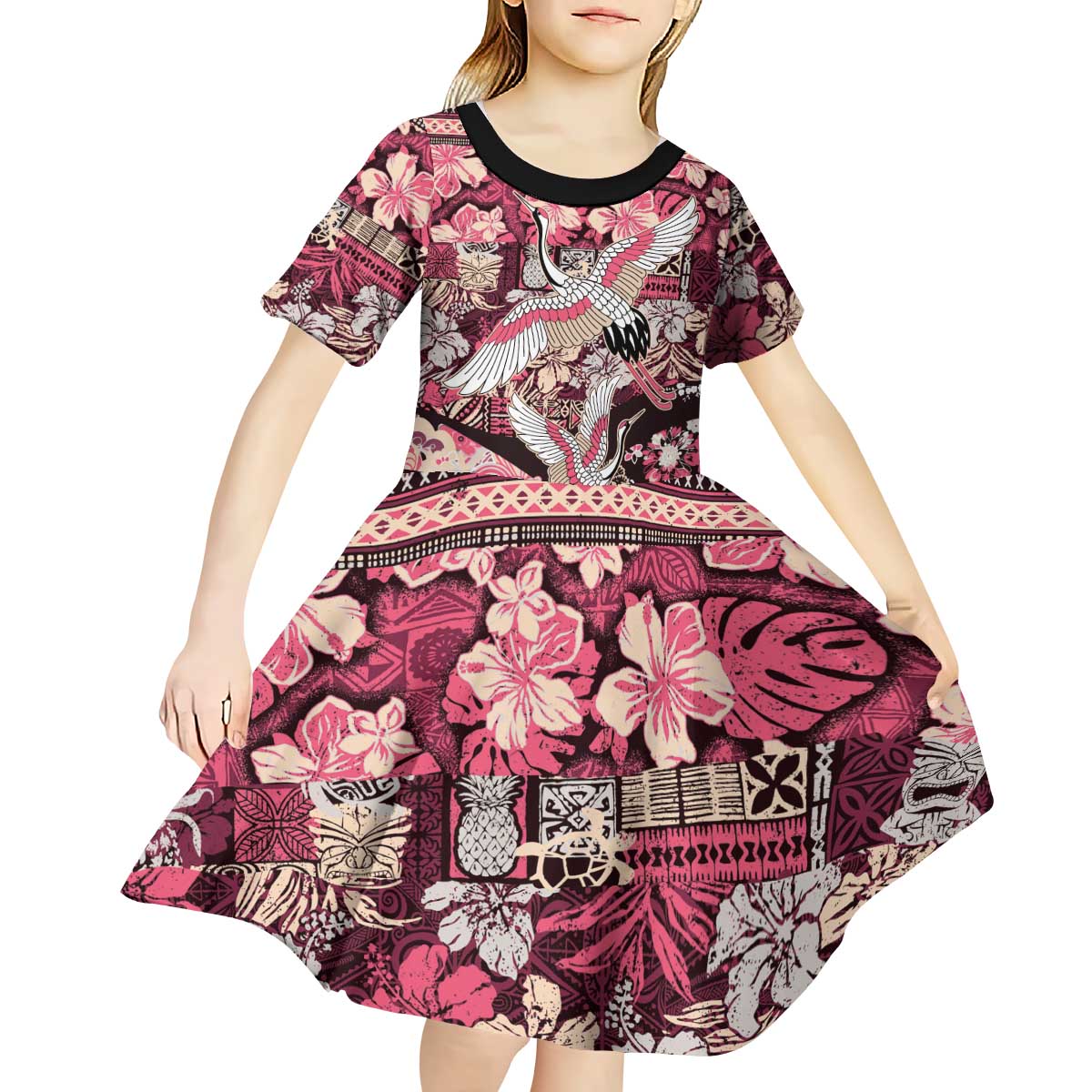Japanese Hawaiian Crane Kid Short Sleeve Dress Soft Pink Tapa Patchwork Pattern