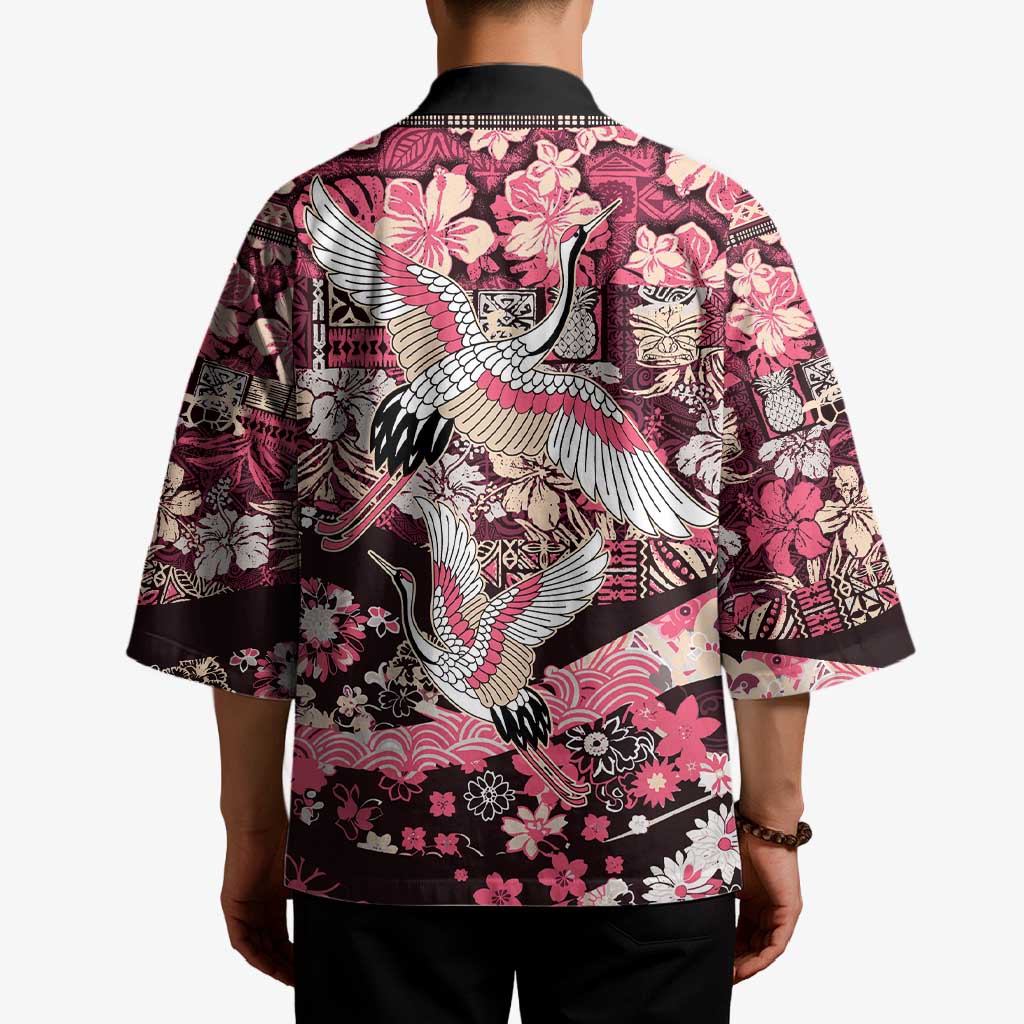 Japanese Hawaiian Crane Kimono Soft Pink Tapa Patchwork Pattern