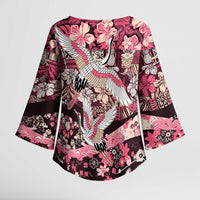 Japanese Hawaiian Crane Kimono Sleeve Blouse Soft Pink Tapa Patchwork Pattern