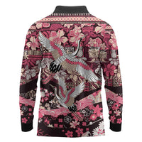 Japanese Hawaiian Crane Long Sleeve Polo Shirt Soft Pink Tapa Patchwork Pattern
