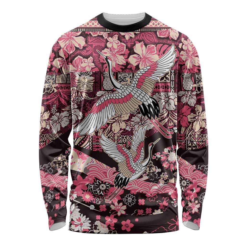 Japanese Hawaiian Crane Long Sleeve Shirt Soft Pink Tapa Patchwork Pattern