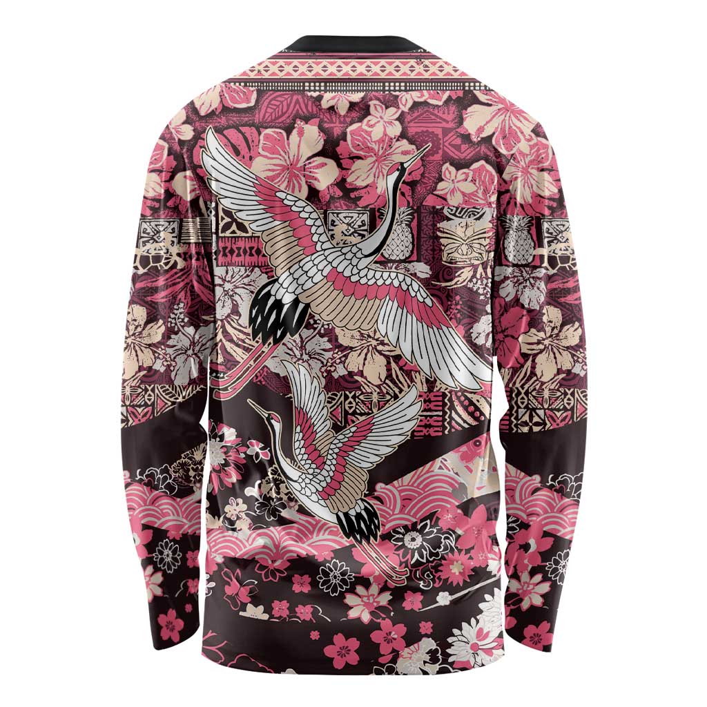 Japanese Hawaiian Crane Long Sleeve Shirt Soft Pink Tapa Patchwork Pattern