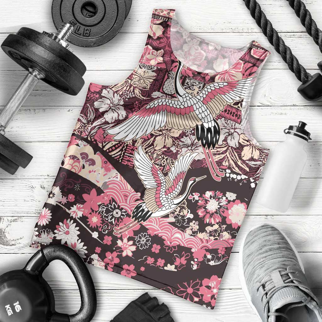 Japanese Hawaiian Crane Men Tank Top Soft Pink Tapa Patchwork Pattern