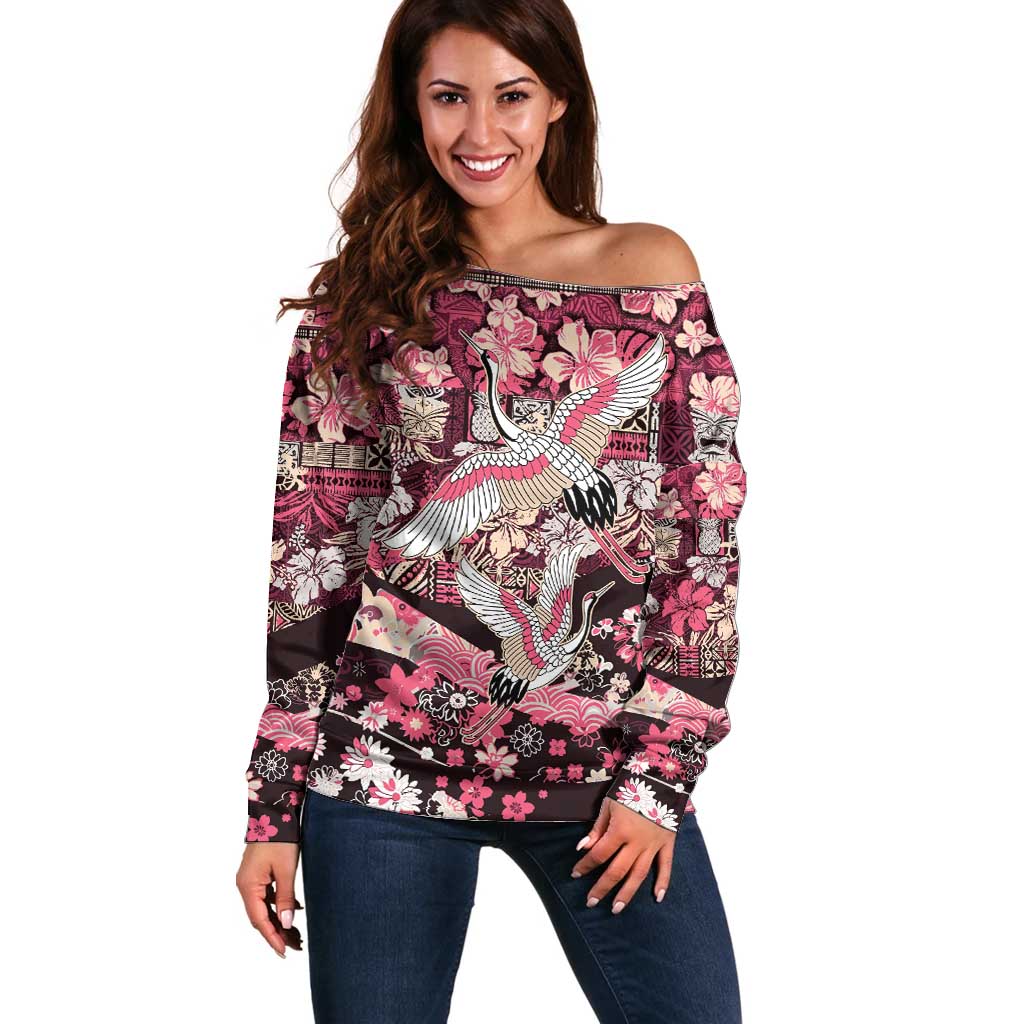Japanese Hawaiian Crane Off Shoulder Sweater Soft Pink Tapa Patchwork Pattern