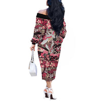 Japanese Hawaiian Crane Off The Shoulder Long Sleeve Dress Soft Pink Tapa Patchwork Pattern LT9 - Polynesian Pride