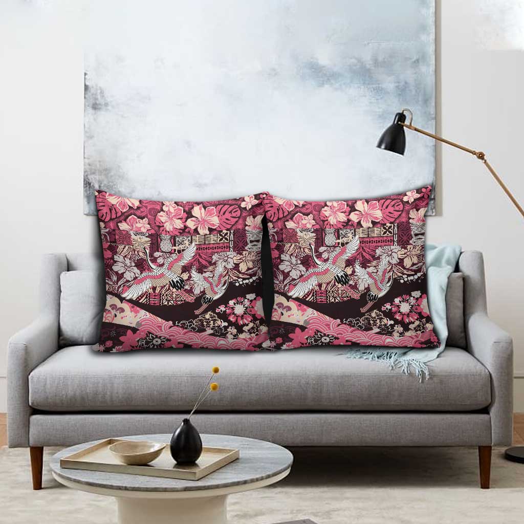 Japanese Hawaiian Crane Pillow Cover Soft Pink Tapa Patchwork Pattern