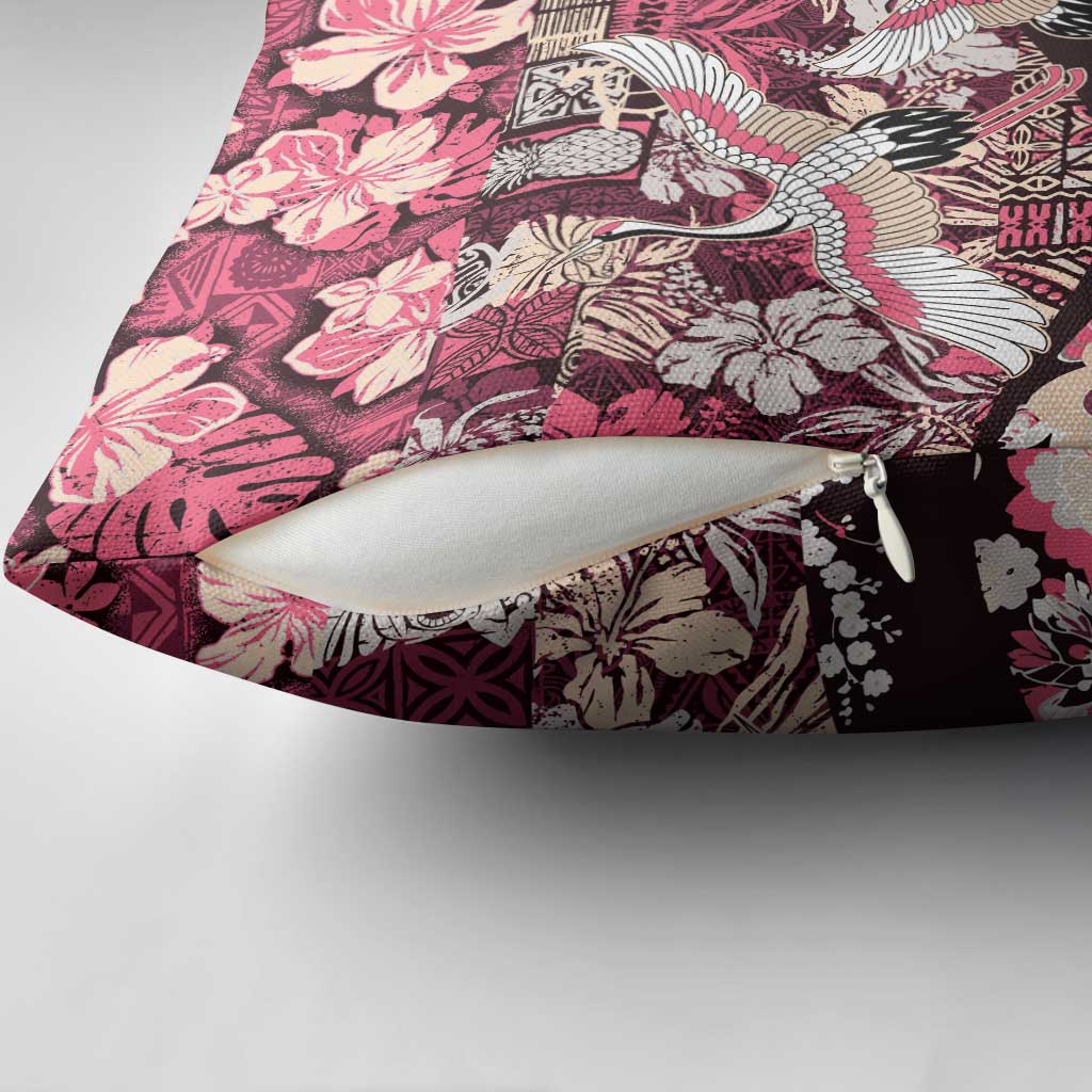 Japanese Hawaiian Crane Pillow Cover Soft Pink Tapa Patchwork Pattern