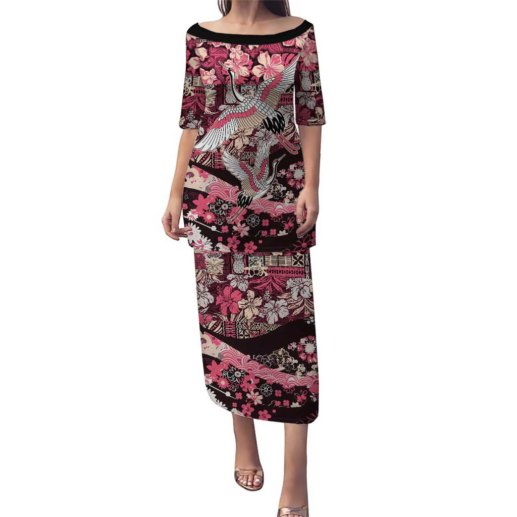 Japanese Hawaiian Crane Puletasi Soft Pink Tapa Patchwork Pattern