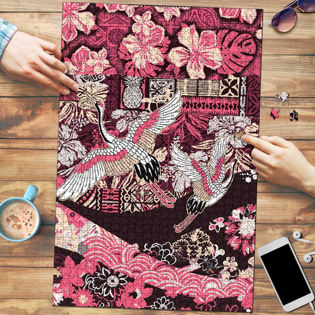 Japanese Hawaiian Crane Puzzle Soft Pink Tapa Patchwork Pattern