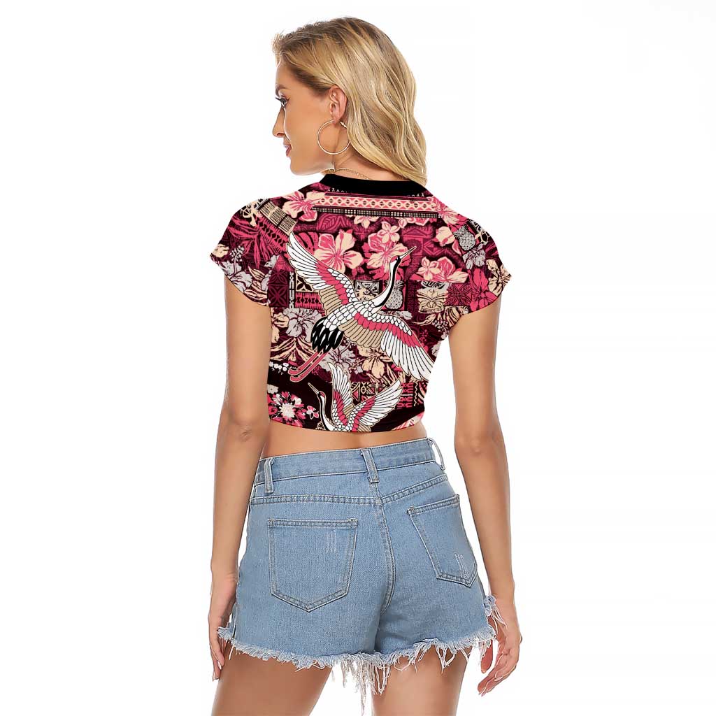 Japanese Hawaiian Crane Raglan Cropped T Shirt Soft Pink Tapa Patchwork Pattern