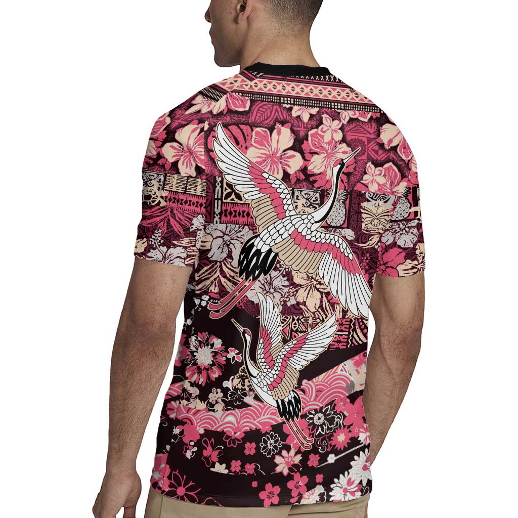 Japanese Hawaiian Crane Rugby Jersey Soft Pink Tapa Patchwork Pattern