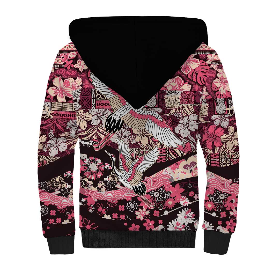 Japanese Hawaiian Crane Sherpa Hoodie Soft Pink Tapa Patchwork Pattern