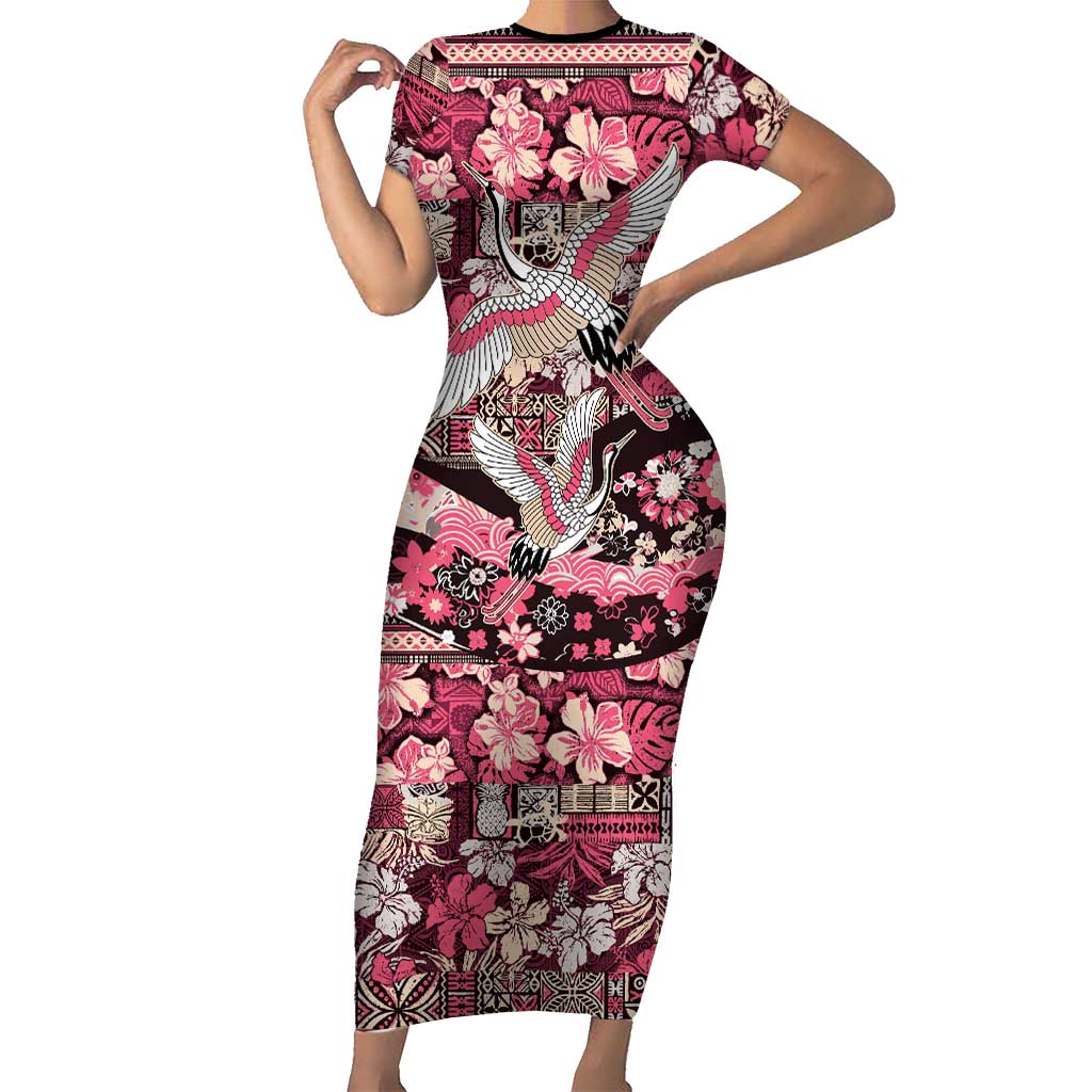 Japanese Hawaiian Crane Short Sleeve Bodycon Dress Soft Pink Tapa Patchwork Pattern LT9 Long Dress Pink - Polynesian Pride
