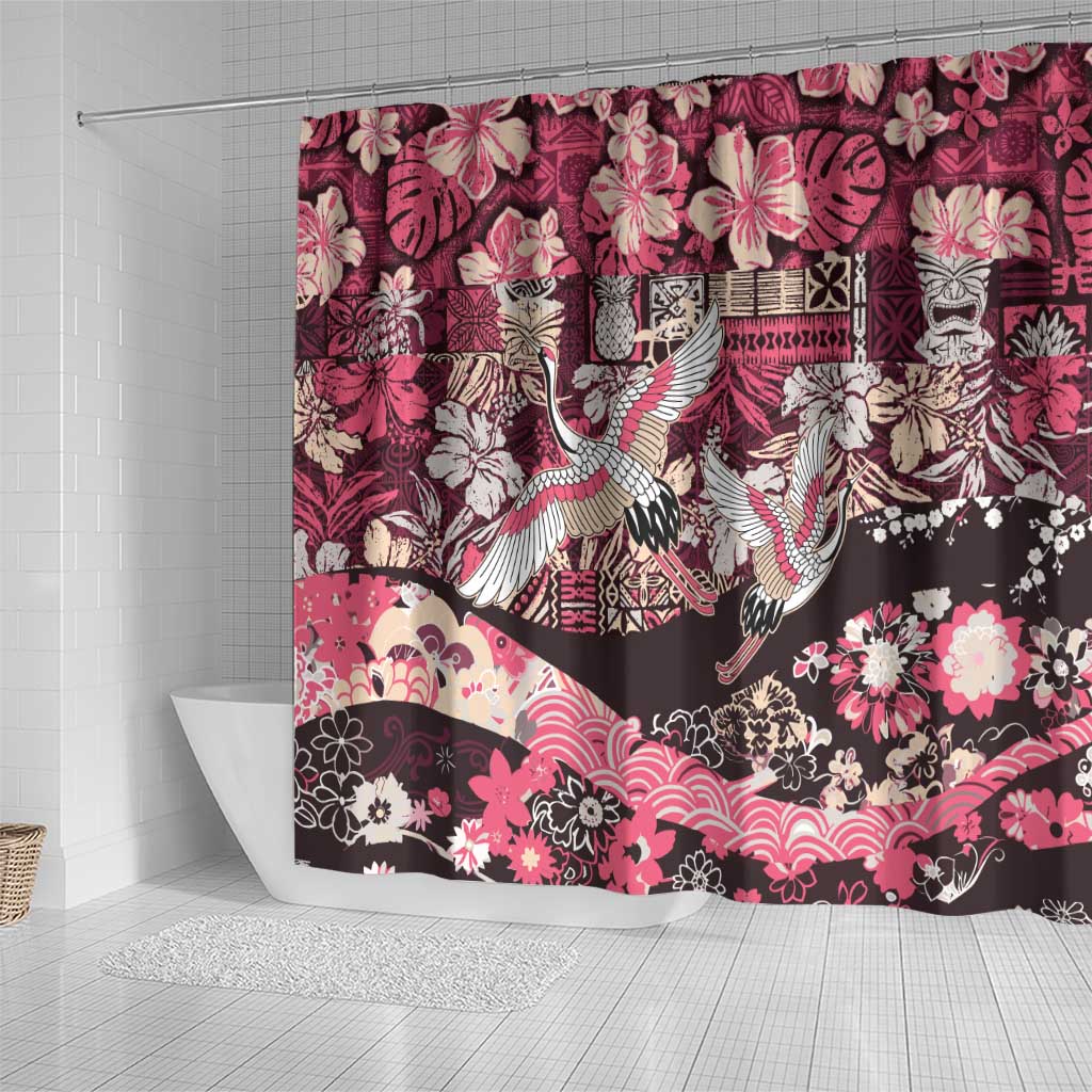 Japanese Hawaiian Crane Shower Curtain Soft Pink Tapa Patchwork Pattern