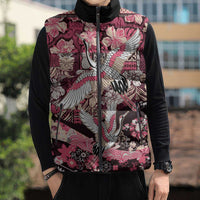 Japanese Hawaiian Crane Sleeveless Puffer Jacket Soft Pink Tapa Patchwork Pattern