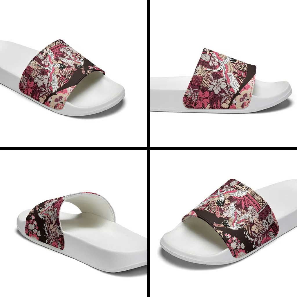 Japanese Hawaiian Crane Slide Sandals Soft Pink Tapa Patchwork Pattern