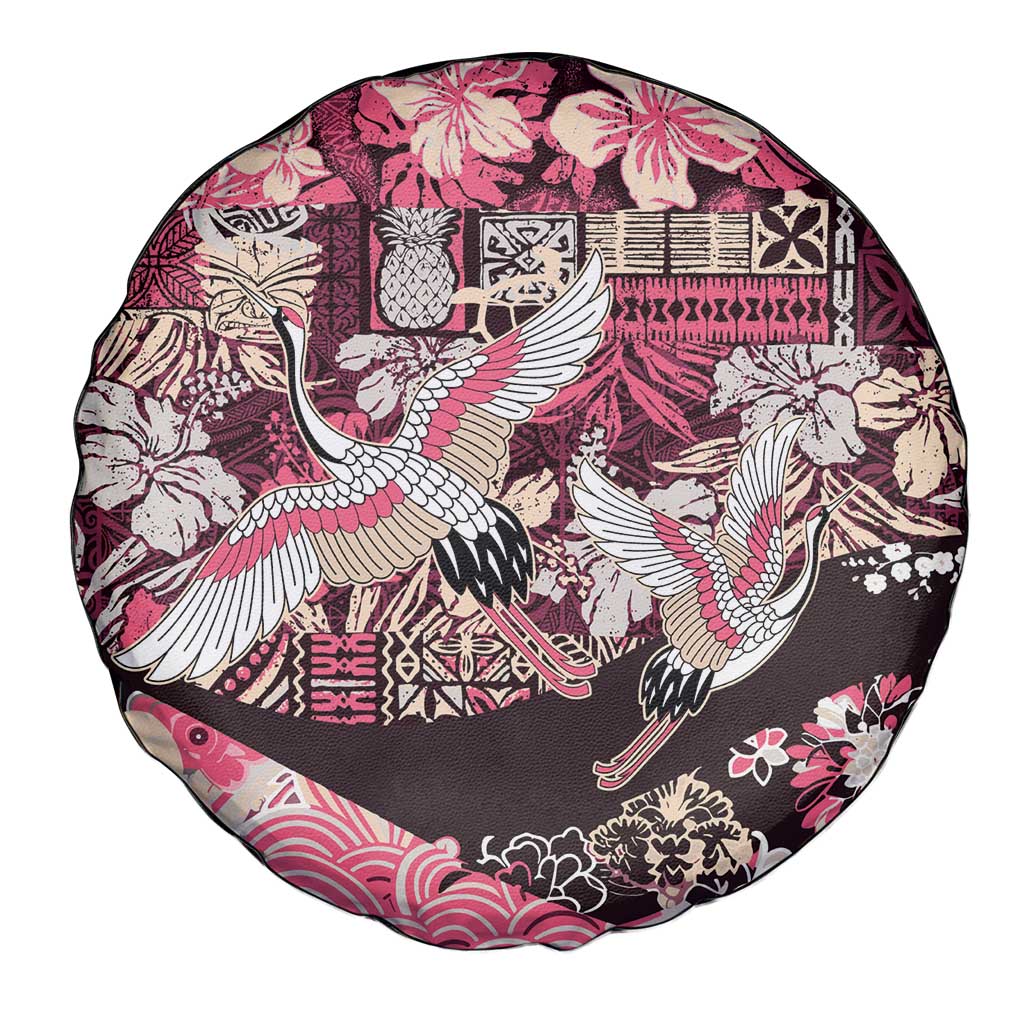 Japanese Hawaiian Crane Spare Tire Cover Soft Pink Tapa Patchwork Pattern