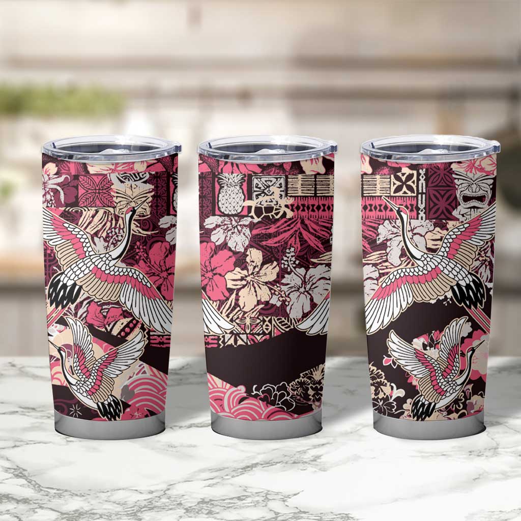 Japanese Hawaiian Crane Tumbler Cup Soft Pink Tapa Patchwork Pattern