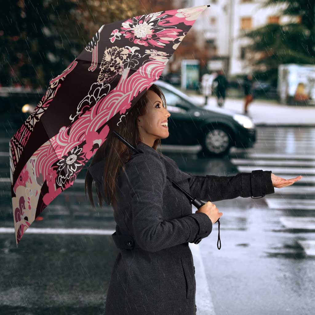 Japanese Hawaiian Crane Umbrella Soft Pink Tapa Patchwork Pattern