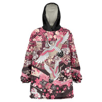 Japanese Hawaiian Crane Wearable Blanket Hoodie Soft Pink Tapa Patchwork Pattern