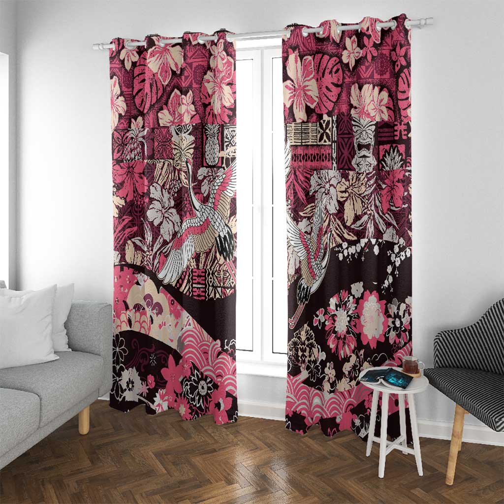 Japanese Hawaiian Crane Window Curtain Soft Pink Tapa Patchwork Pattern