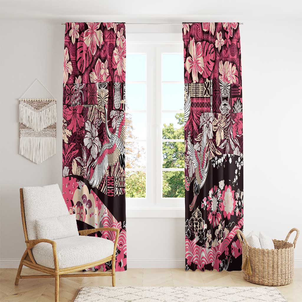 Japanese Hawaiian Crane Window Curtain Soft Pink Tapa Patchwork Pattern