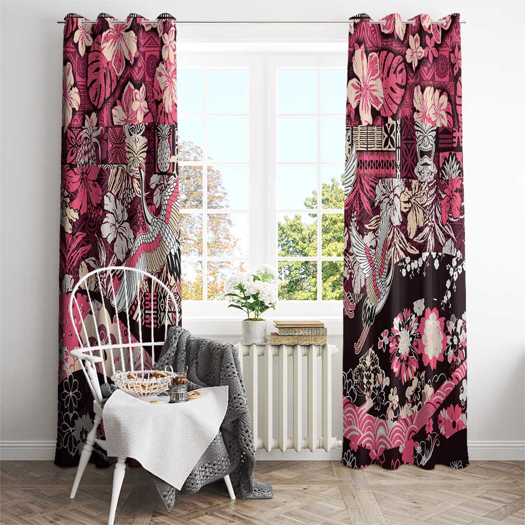 Japanese Hawaiian Crane Window Curtain Soft Pink Tapa Patchwork Pattern