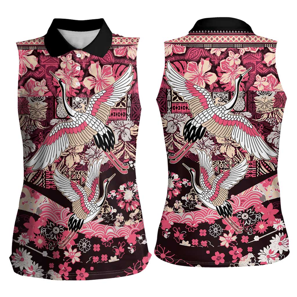 Japanese Hawaiian Crane Women Sleeveless Polo Shirt Soft Pink Tapa Patchwork Pattern