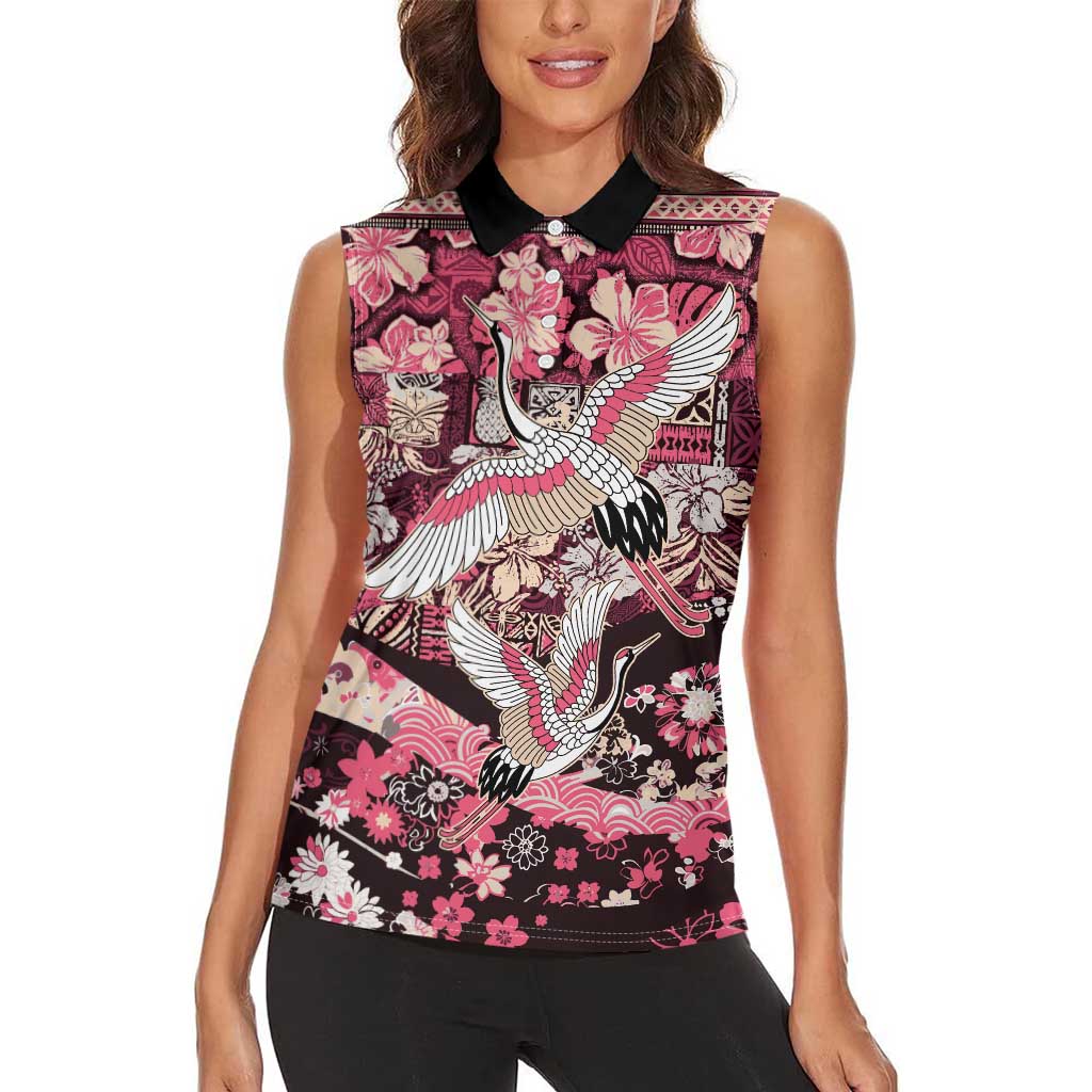 Japanese Hawaiian Crane Women Sleeveless Polo Shirt Soft Pink Tapa Patchwork Pattern