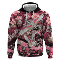 Japanese Hawaiian Crane Zip Hoodie Soft Pink Tapa Patchwork Pattern