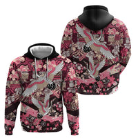 Japanese Hawaiian Crane Zip Hoodie Soft Pink Tapa Patchwork Pattern