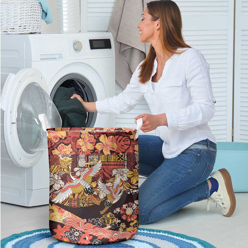 Japanese Hawaiian Crane Laundry Basket Yellow Ochre Tapa Patchwork Pattern