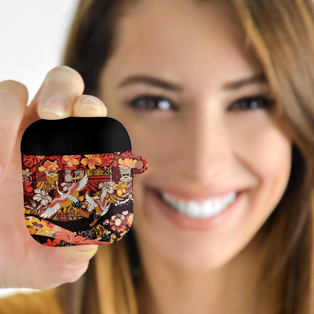 Japanese Hawaiian Crane AirPods Case Yellow Ochre Tapa Patchwork Pattern