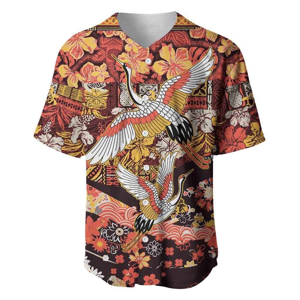 Japanese Hawaiian Crane Baseball Jersey Yellow Ochre Tapa Patchwork Pattern
