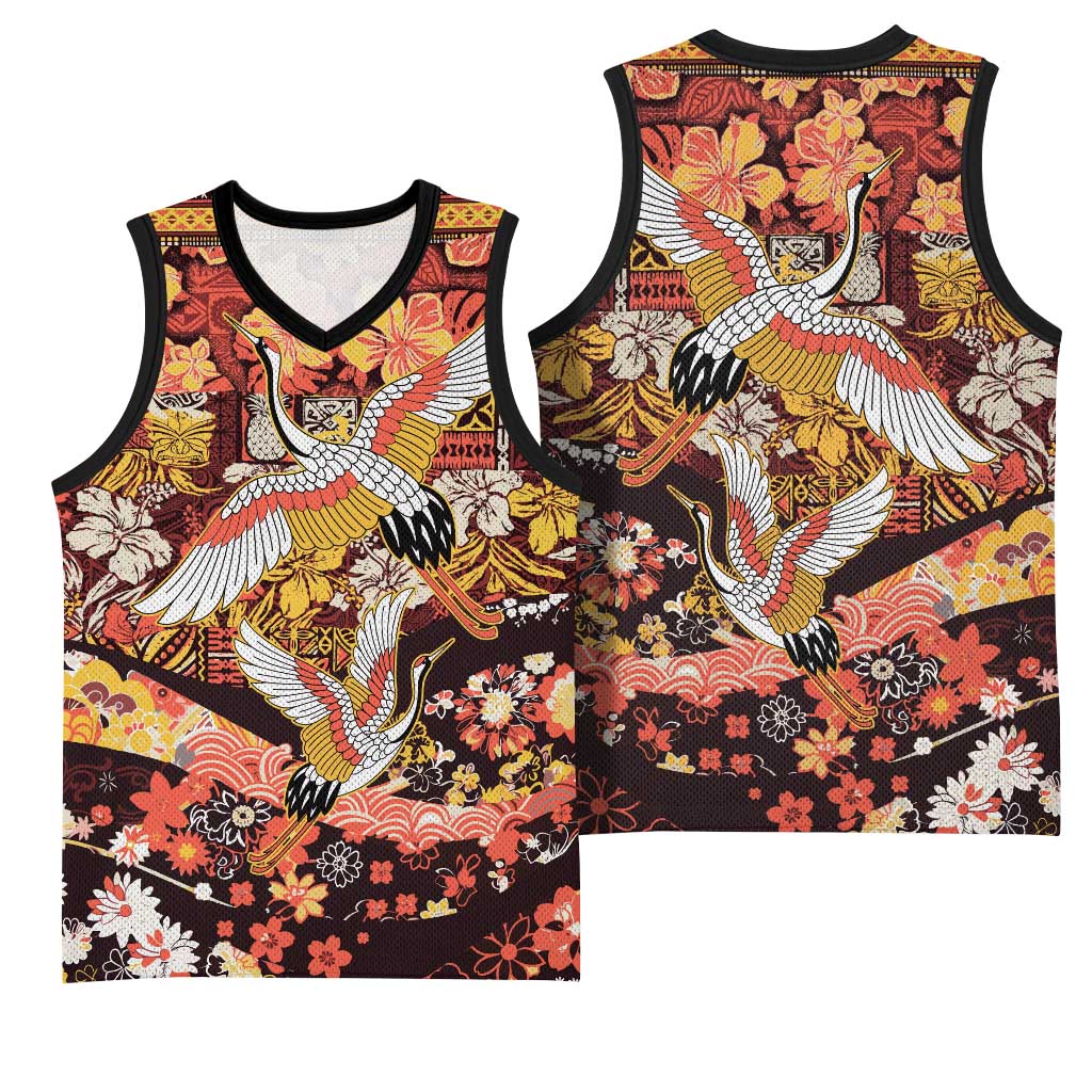 Japanese Hawaiian Crane Basketball Jersey Yellow Ochre Tapa Patchwork Pattern