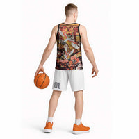 Japanese Hawaiian Crane Basketball Jersey Yellow Ochre Tapa Patchwork Pattern