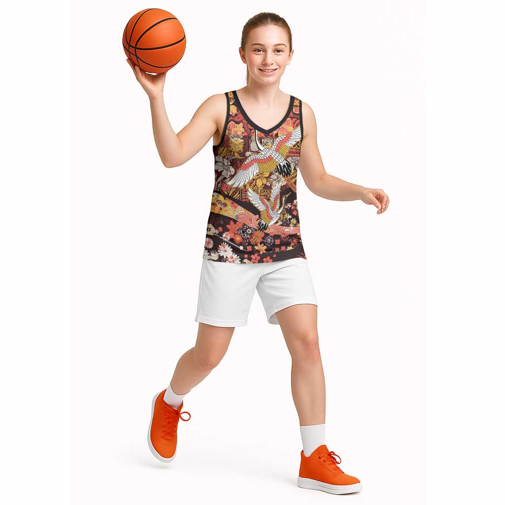 Japanese Hawaiian Crane Basketball Jersey Yellow Ochre Tapa Patchwork Pattern