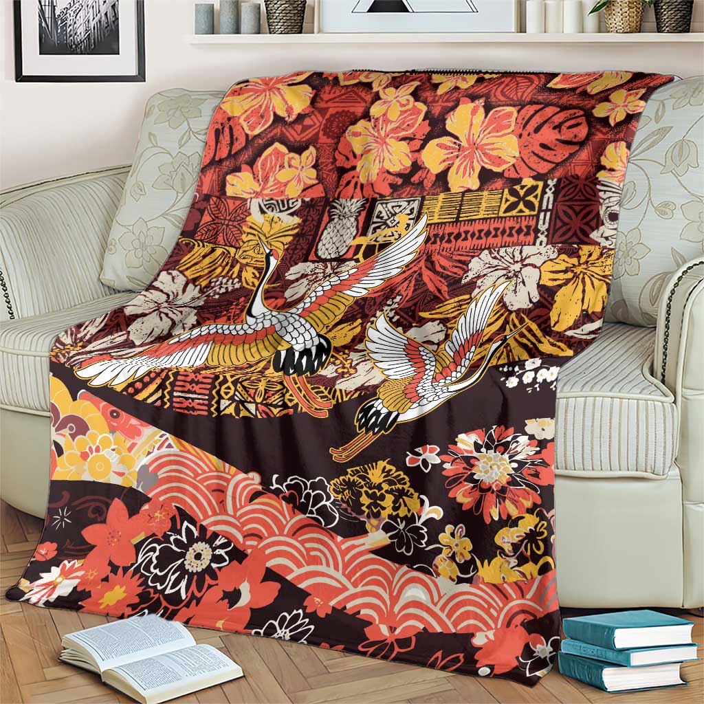 Japanese Hawaiian Crane Blanket Yellow Ochre Tapa Patchwork Pattern