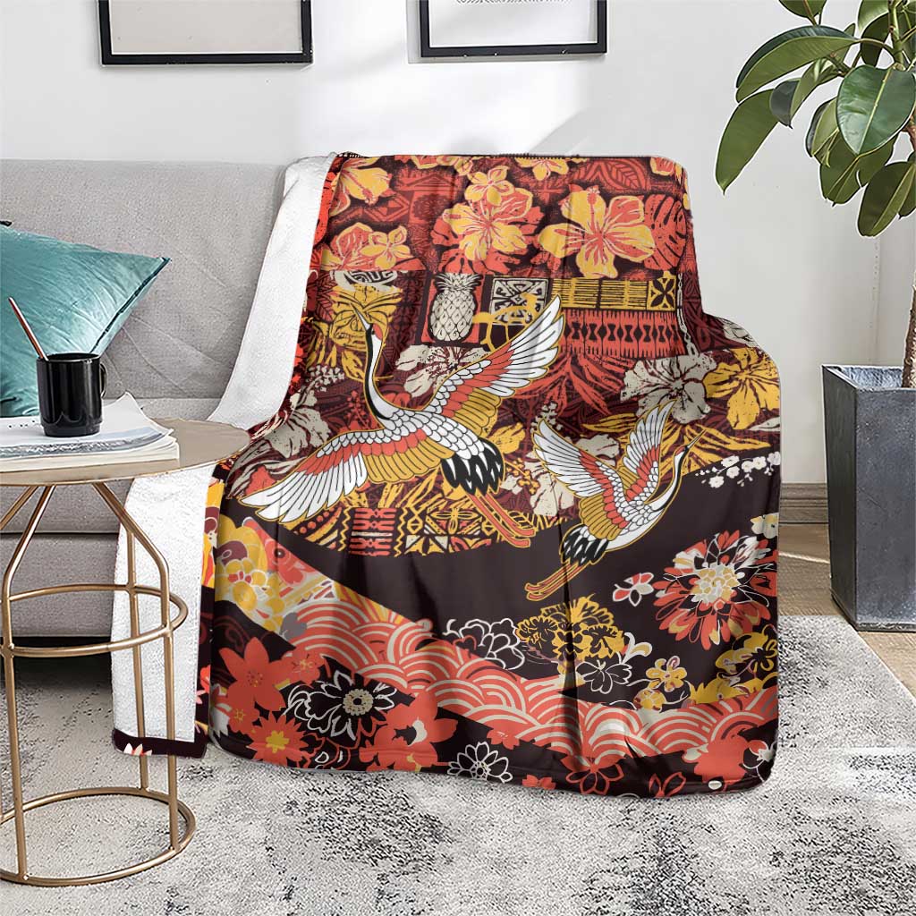 Japanese Hawaiian Crane Blanket Yellow Ochre Tapa Patchwork Pattern