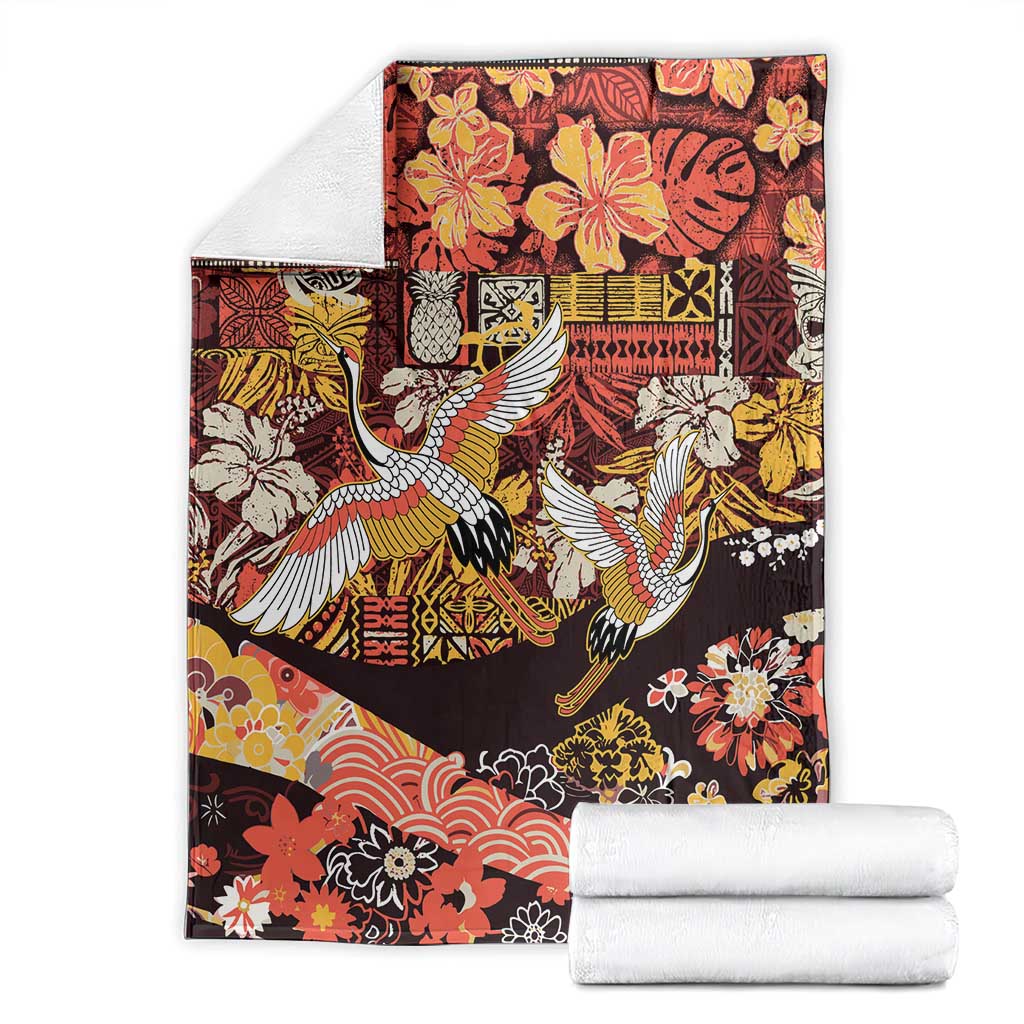 Japanese Hawaiian Crane Blanket Yellow Ochre Tapa Patchwork Pattern