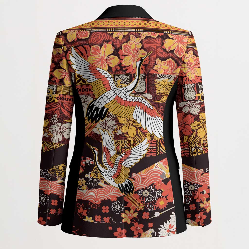 Japanese Hawaiian Crane Blazer Yellow Ochre Tapa Patchwork Pattern