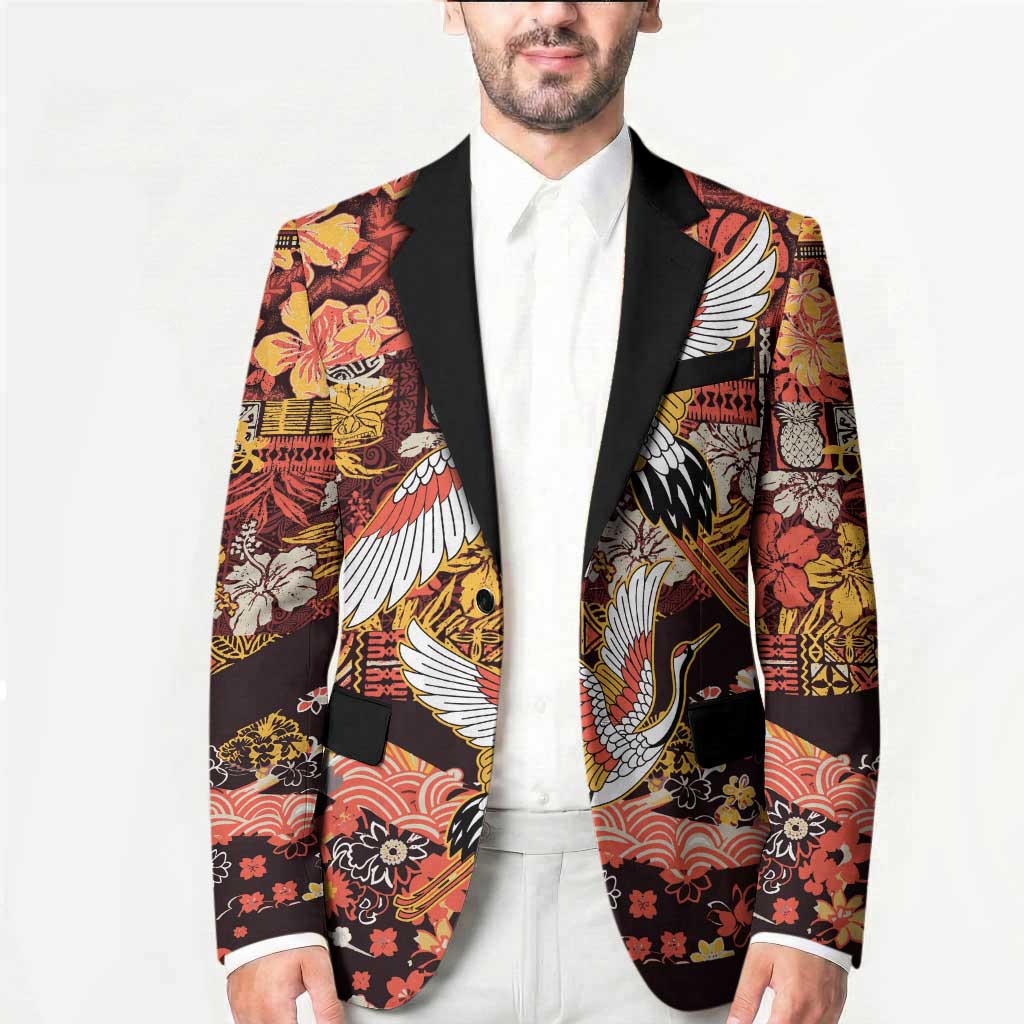Japanese Hawaiian Crane Blazer Yellow Ochre Tapa Patchwork Pattern